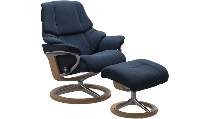 Stressless Reno with Cross Base and Stool Signature Begonia Dark Blue Fabric